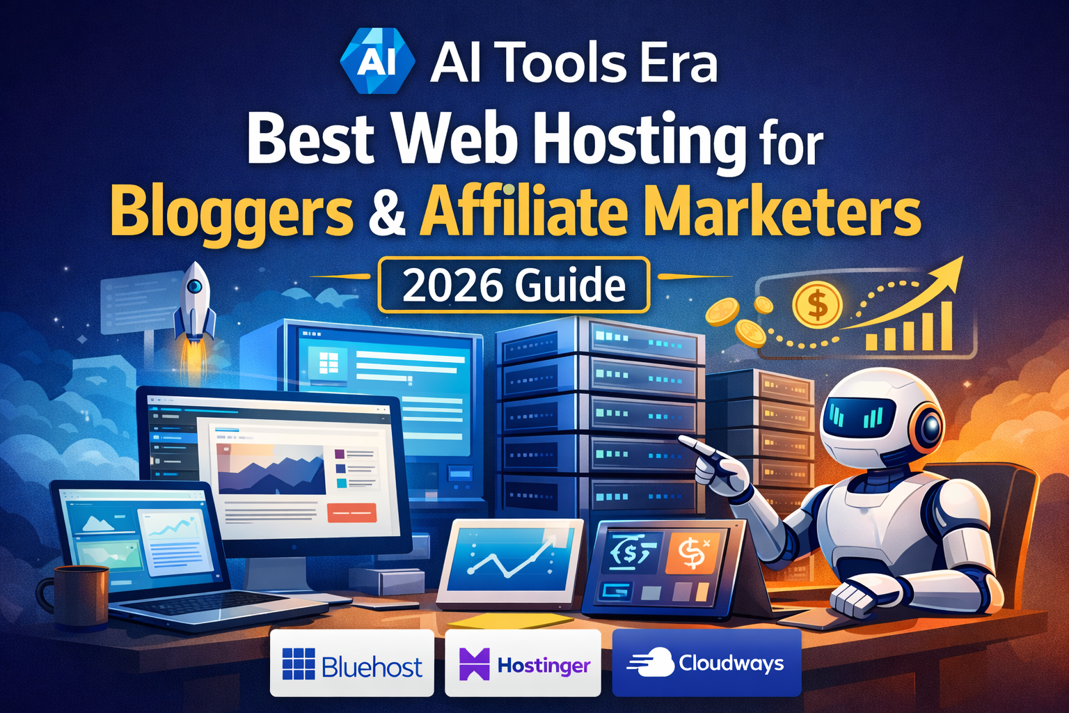 Best web hosting for bloggers and affiliate marketers in 2026 featuring AI Tools Era branding, servers, WordPress dashboard, and hosting providers like Bluehost, Hostinger, and Cloudways.